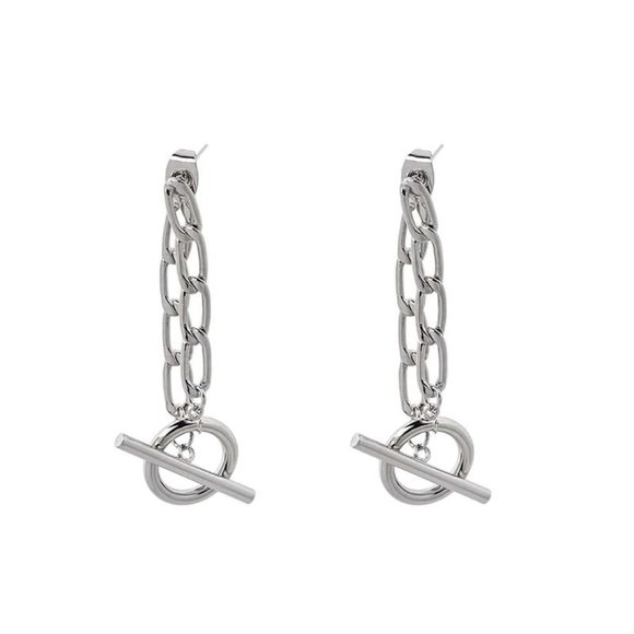 *925 Sterling Silver Link Chain Circle Bar Earring - Picture 8 of 8